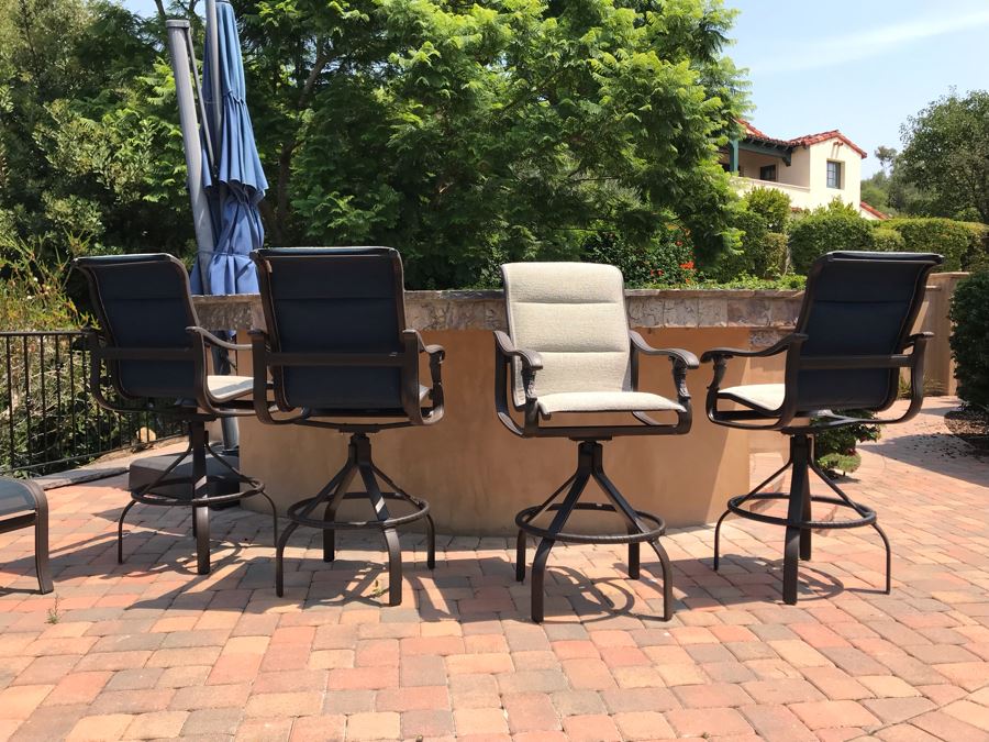 Set Of (4) Tropitone Kd Garden Terrace Cast Aluminum Padded Sling Back Bar Stools (No Swivel) 25W X 25D X 51H (Seat Is 31H) With Covers Retails $3,300 [Photo 3]