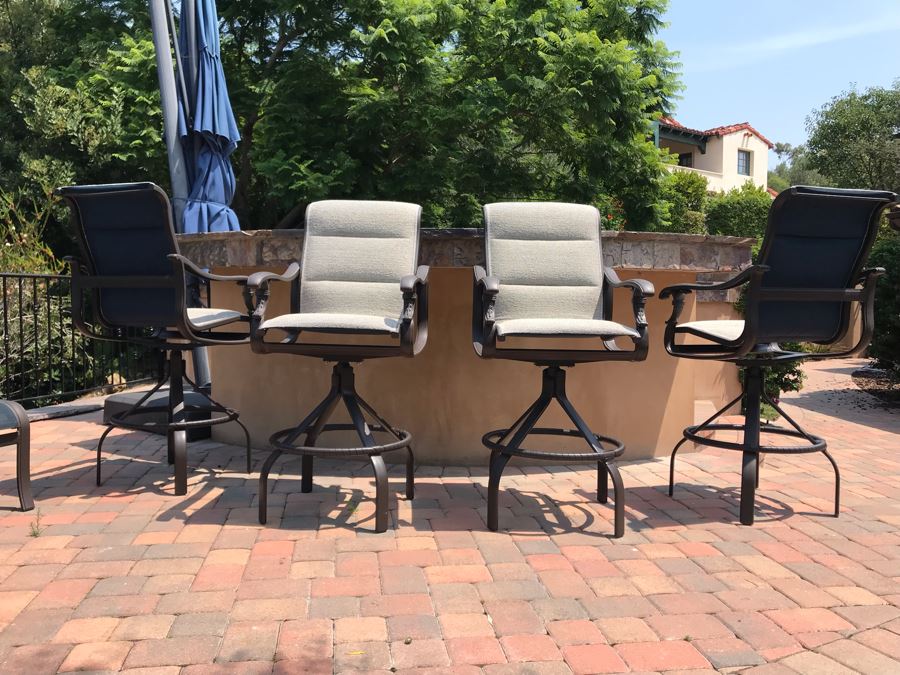 Set Of (4) Tropitone Kd Garden Terrace Cast Aluminum Padded Sling Back Bar Stools (No Swivel) 25W X 25D X 51H (Seat Is 31H) With Covers Retails $3,300 [Photo 4]