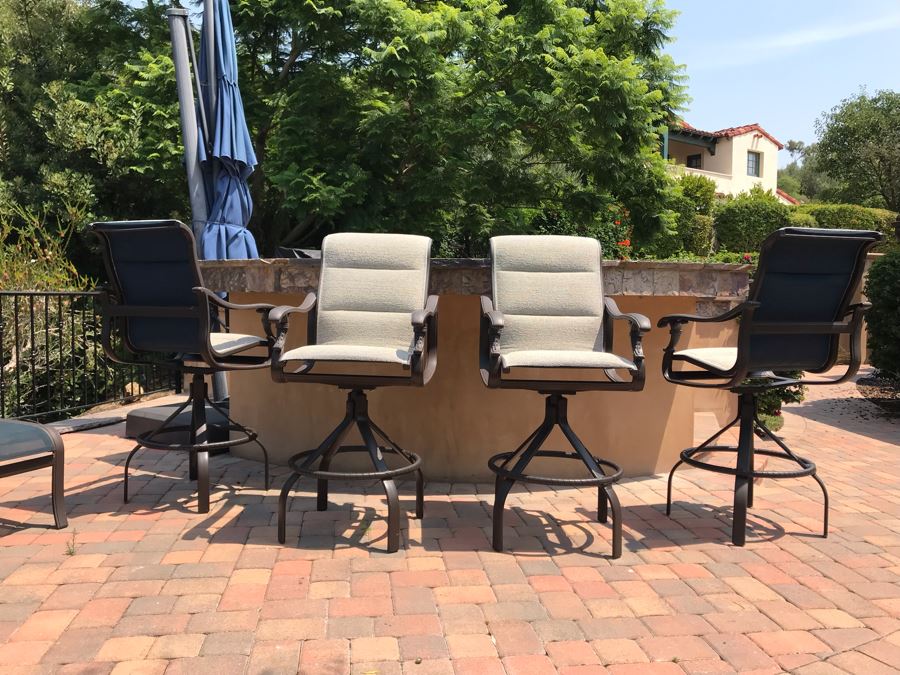 Set Of (4) Tropitone Kd Garden Terrace Cast Aluminum Padded Sling Back Bar Stools (No Swivel) 25W X 25D X 51H (Seat Is 31H) With Covers Retails $3,300 [Photo 2]