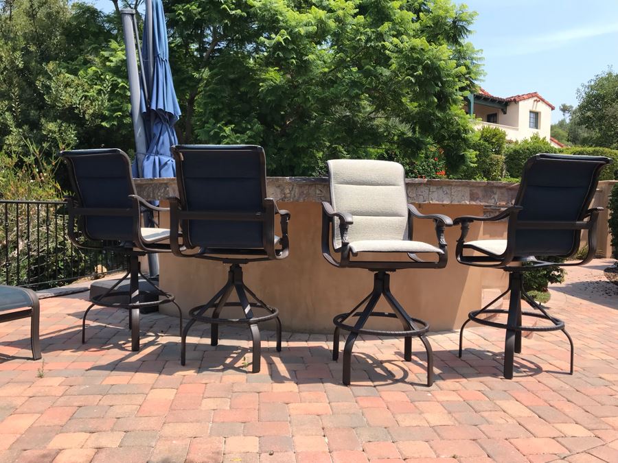 Set Of (4) Tropitone Kd Garden Terrace Cast Aluminum Padded Sling Back Bar Stools (No Swivel) 25W X 25D X 51H (Seat Is 31H) With Covers Retails $3,300