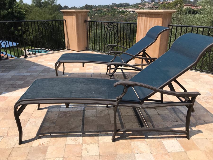 Pair Of Tropitone Kd Garden Terrace Cast Aluminum Sling Back Chaise Loungers With Covers Retails $1,700
