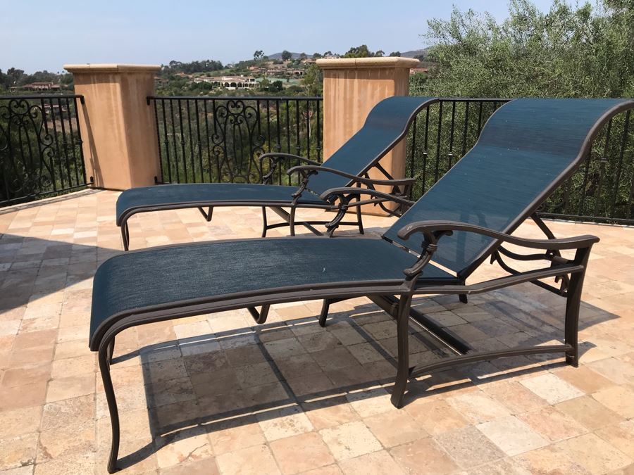 Pair Of Tropitone Kd Garden Terrace Cast Aluminum Sling Back Chaise Loungers With Covers Retails $1,700 [Photo 2]