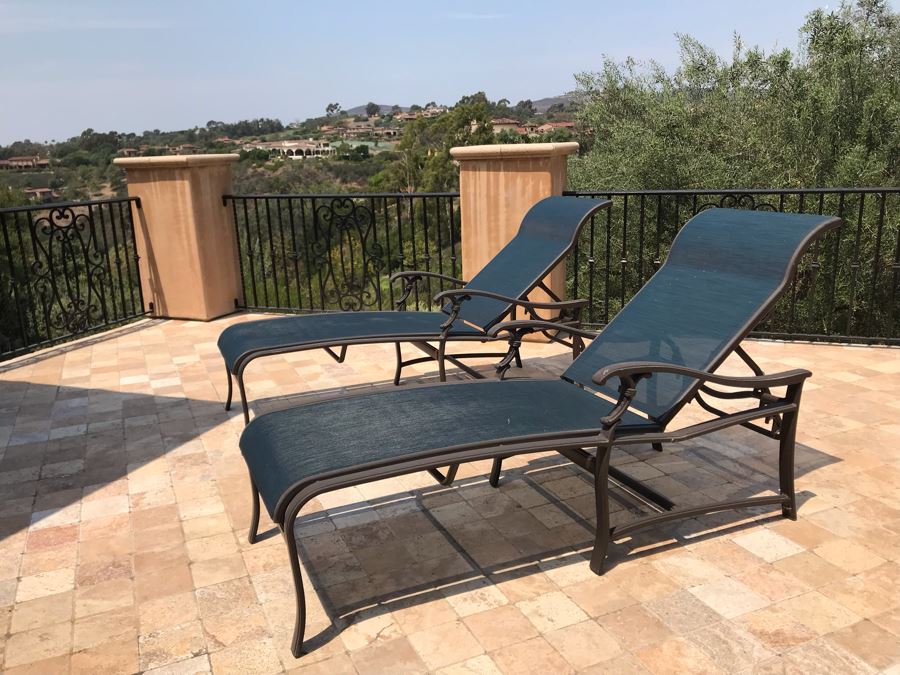 Pair Of Tropitone Kd Garden Terrace Cast Aluminum Sling Back Chaise Loungers With Covers Retails $1,700 [Photo 3]