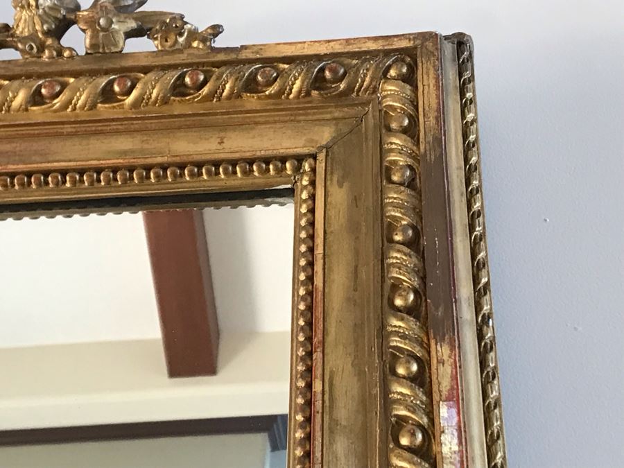 Stunning Antique Marble Top Gilded Demilune Entry Console Table With Gilded Full Length Wall Mirror - Table: 43W X 22D X 38H, Mirror: 36W X 72H Purchase For $5,400 [Photo 20]