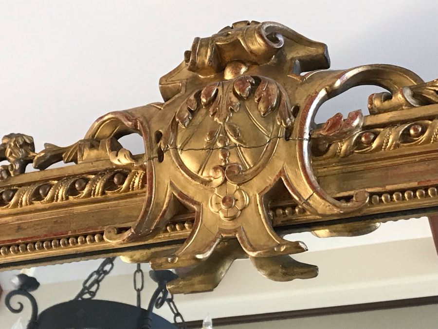 Stunning Antique Marble Top Gilded Demilune Entry Console Table With Gilded Full Length Wall Mirror - Table: 43W X 22D X 38H, Mirror: 36W X 72H Purchase For $5,400 [Photo 18]