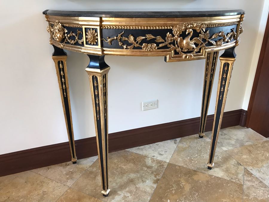 Stunning Antique Marble Top Gilded Demilune Entry Console Table With Gilded Full Length Wall Mirror - Table: 43W X 22D X 38H, Mirror: 36W X 72H Purchase For $5,400 [Photo 2]
