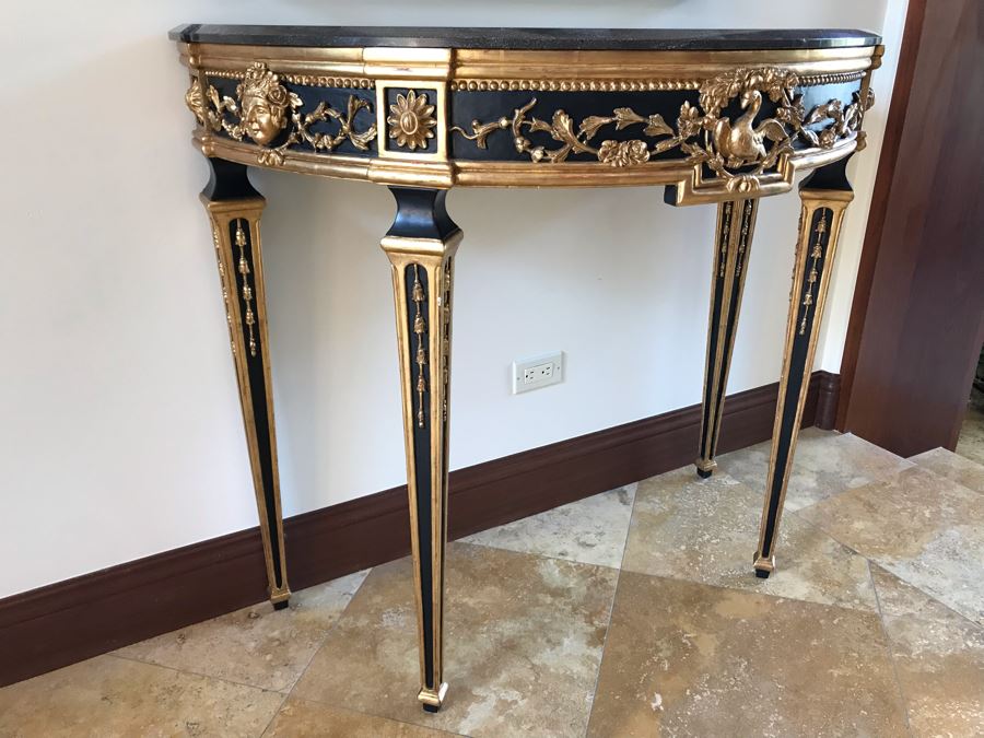 Stunning Antique Marble Top Gilded Demilune Entry Console Table With Gilded Full Length Wall Mirror - Table: 43W X 22D X 38H, Mirror: 36W X 72H Purchase For $5,400 [Photo 9]
