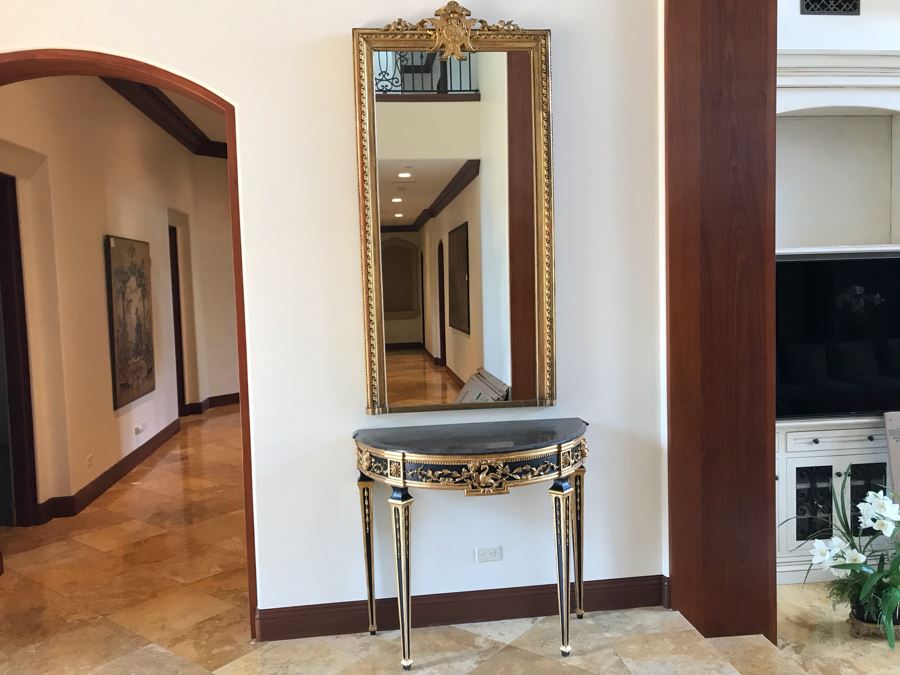 Stunning Antique Marble Top Gilded Demilune Entry Console Table With Gilded Full Length Wall Mirror - Table: 43W X 22D X 38H, Mirror: 36W X 72H Purchase For $5,400 [Photo 6]