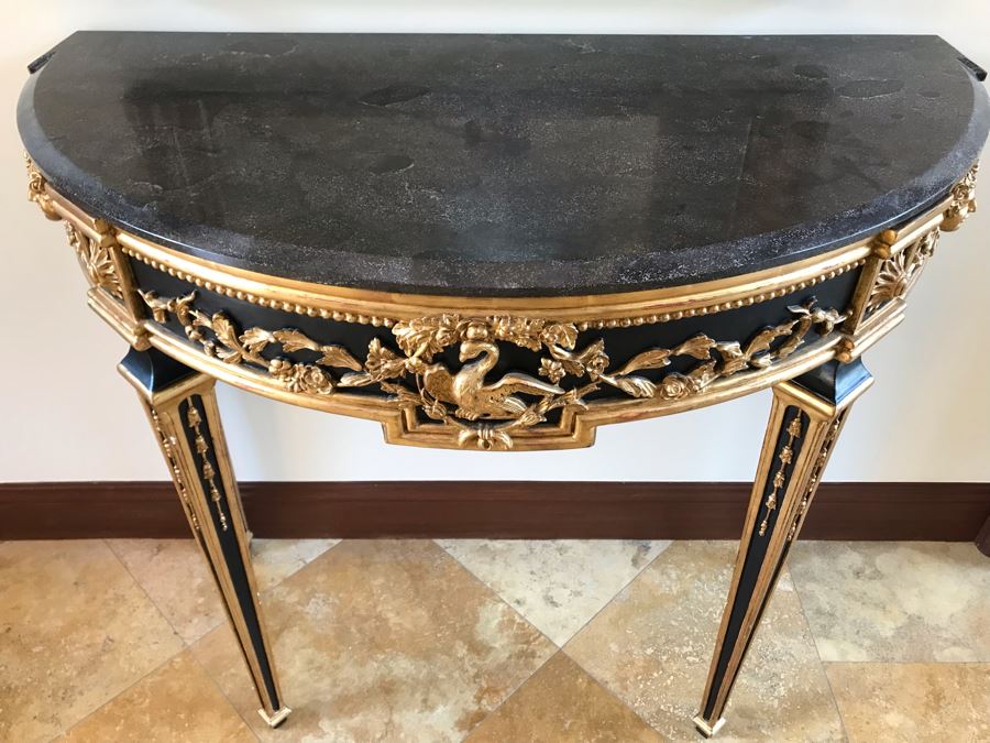 Stunning Antique Marble Top Gilded Demilune Entry Console Table With Gilded Full Length Wall Mirror - Table: 43W X 22D X 38H, Mirror: 36W X 72H Purchase For $5,400 [Photo 12]