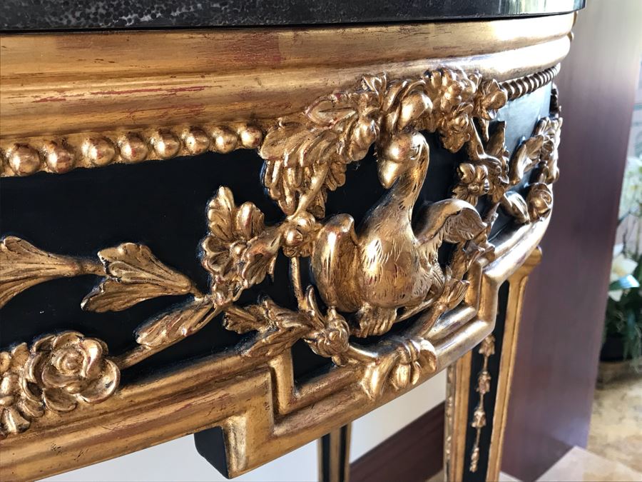 Stunning Antique Marble Top Gilded Demilune Entry Console Table With Gilded Full Length Wall Mirror - Table: 43W X 22D X 38H, Mirror: 36W X 72H Purchase For $5,400 [Photo 4]