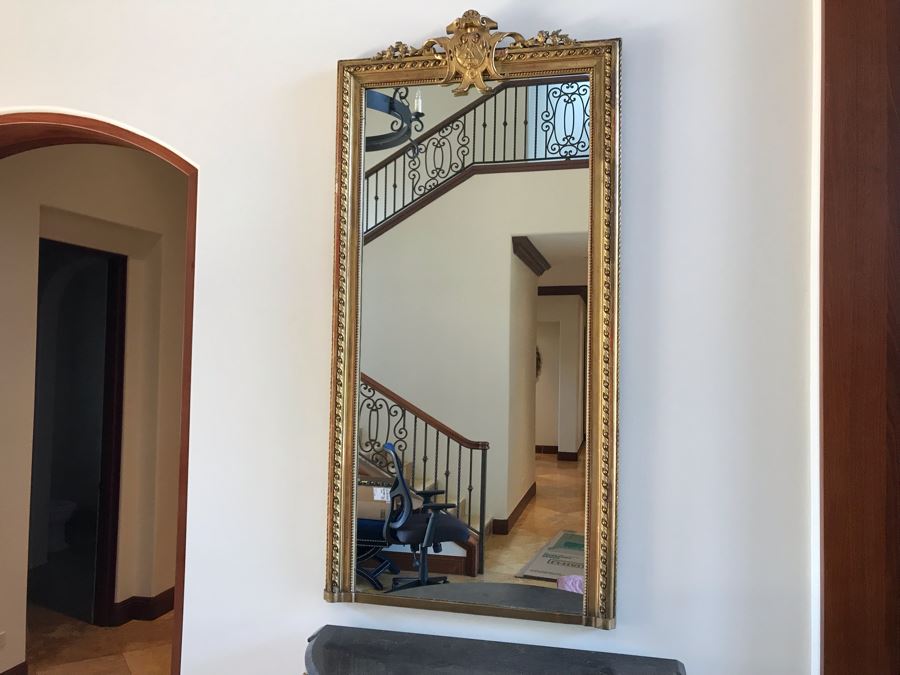 Stunning Antique Marble Top Gilded Demilune Entry Console Table With Gilded Full Length Wall Mirror - Table: 43W X 22D X 38H, Mirror: 36W X 72H Purchase For $5,400 [Photo 15]
