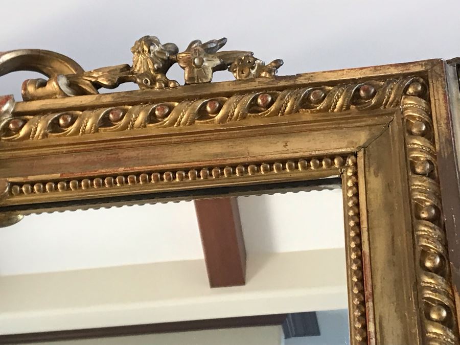 Stunning Antique Marble Top Gilded Demilune Entry Console Table With Gilded Full Length Wall Mirror - Table: 43W X 22D X 38H, Mirror: 36W X 72H Purchase For $5,400 [Photo 19]