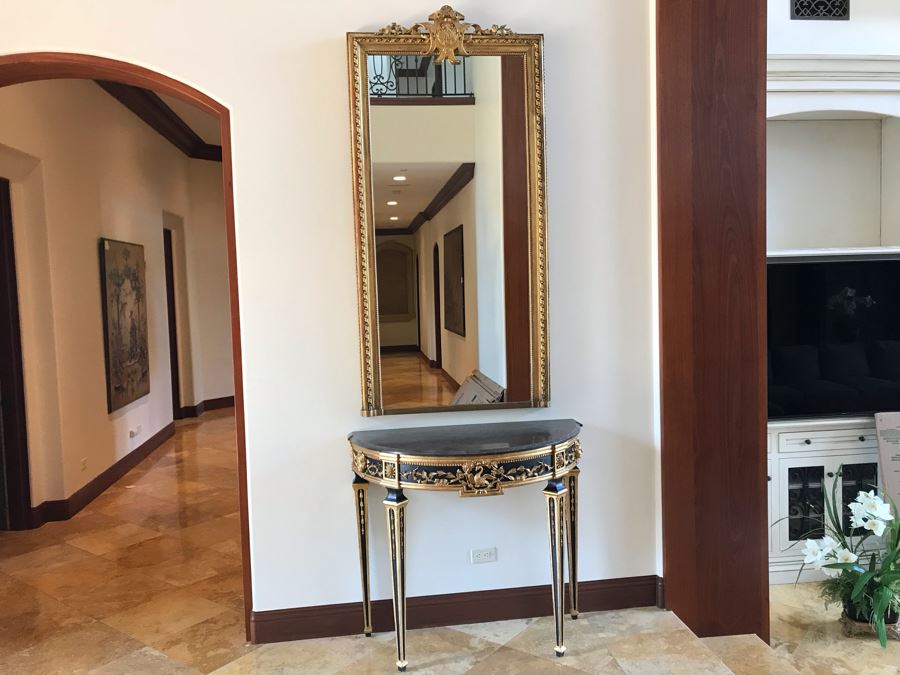 Stunning Antique Marble Top Gilded Demilune Entry Console Table With Gilded Full Length Wall Mirror - Table: 43W X 22D X 38H, Mirror: 36W X 72H Purchase For $5,400 [Photo 7]