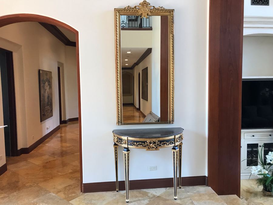 Stunning Antique Marble Top Gilded Demilune Entry Console Table With Gilded Full Length Wall Mirror - Table: 43W X 22D X 38H, Mirror: 36W X 72H Purchase For $5,400 [Photo 5]