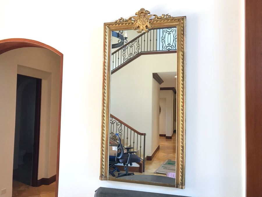 Stunning Antique Marble Top Gilded Demilune Entry Console Table With Gilded Full Length Wall Mirror - Table: 43W X 22D X 38H, Mirror: 36W X 72H Purchase For $5,400 [Photo 16]