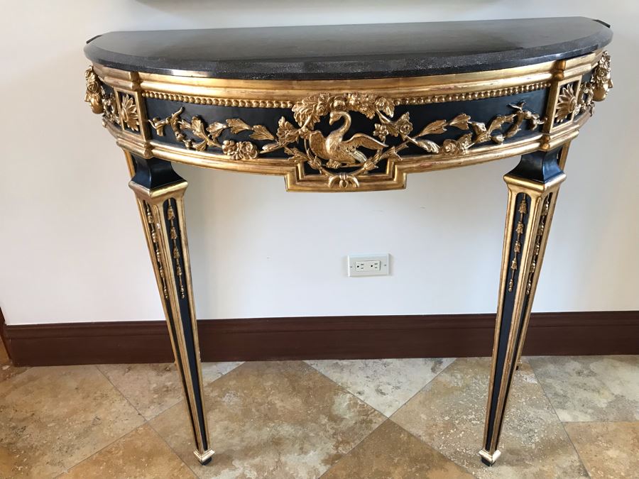 Stunning Antique Marble Top Gilded Demilune Entry Console Table With Gilded Full Length Wall Mirror - Table: 43W X 22D X 38H, Mirror: 36W X 72H Purchase For $5,400 [Photo 8]