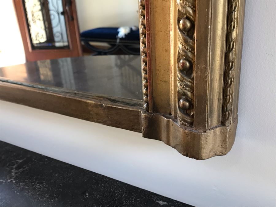 Stunning Antique Marble Top Gilded Demilune Entry Console Table With Gilded Full Length Wall Mirror - Table: 43W X 22D X 38H, Mirror: 36W X 72H Purchase For $5,400 [Photo 22]