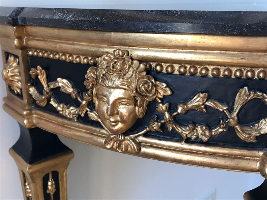 Stunning Antique Marble Top Gilded Demilune Entry Console Table With Gilded Full Length Wall Mirror - Table: 43W X 22D X 38H, Mirror: 36W X 72H Purchase For $5,400 [Photo 3]
