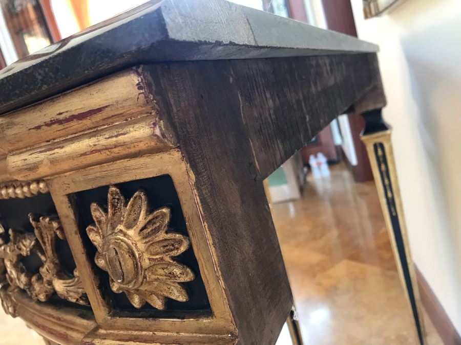 Stunning Antique Marble Top Gilded Demilune Entry Console Table With Gilded Full Length Wall Mirror - Table: 43W X 22D X 38H, Mirror: 36W X 72H Purchase For $5,400 [Photo 14]