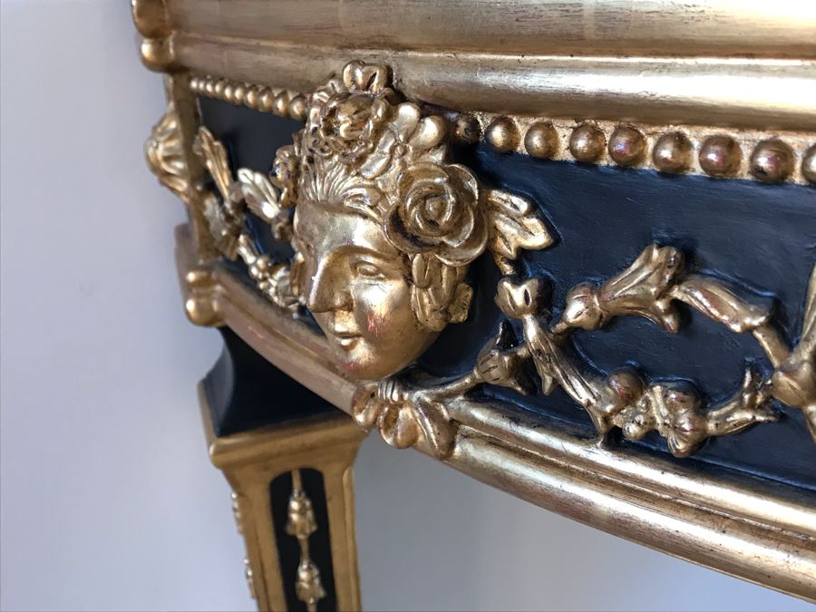 Stunning Antique Marble Top Gilded Demilune Entry Console Table With Gilded Full Length Wall Mirror - Table: 43W X 22D X 38H, Mirror: 36W X 72H Purchase For $5,400 [Photo 10]