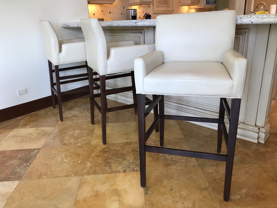 Set Of (3) Ivory Leather Barstools Chairs By Superior Seating Hospitality 25W X 21D X 45H Seat Is 31H Retails $2,200 [Photo 9]