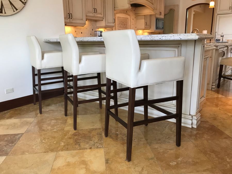Set Of (3) Ivory Leather Barstools Chairs By Superior Seating Hospitality 25W X 21D X 45H Seat Is 31H Retails $2,200 [Photo 2]
