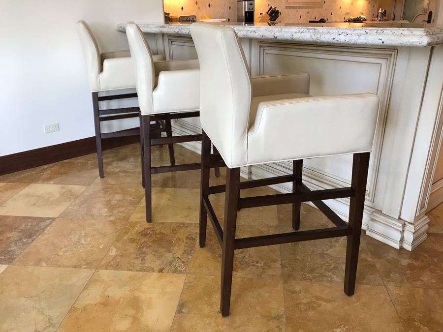 Set Of (3) Ivory Leather Barstools Chairs By Superior Seating Hospitality 25W X 21D X 45H Seat Is 31H Retails $2,200 [Photo 7]