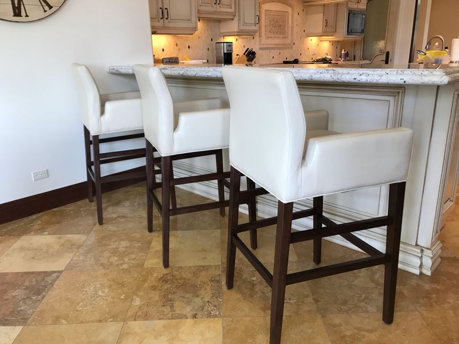 Set Of (3) Ivory Leather Barstools Chairs By Superior Seating Hospitality 25W X 21D X 45H Seat Is 31H Retails $2,200 [Photo 3]