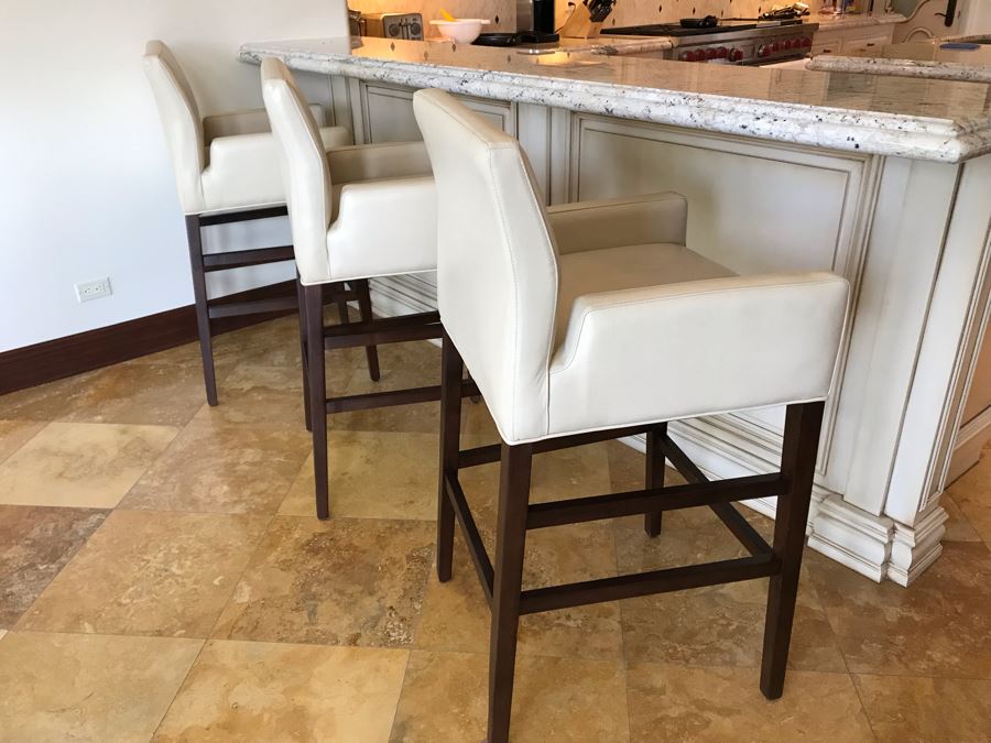 Set Of (3) Ivory Leather Barstools Chairs By Superior Seating Hospitality 25W X 21D X 45H Seat Is 31H Retails $2,200 [Photo 8]