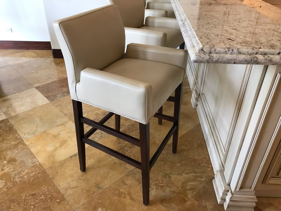 Set Of (3) Ivory Leather Barstools Chairs By Superior Seating Hospitality 25W X 21D X 45H Seat Is 31H Retails $2,200 [Photo 5]