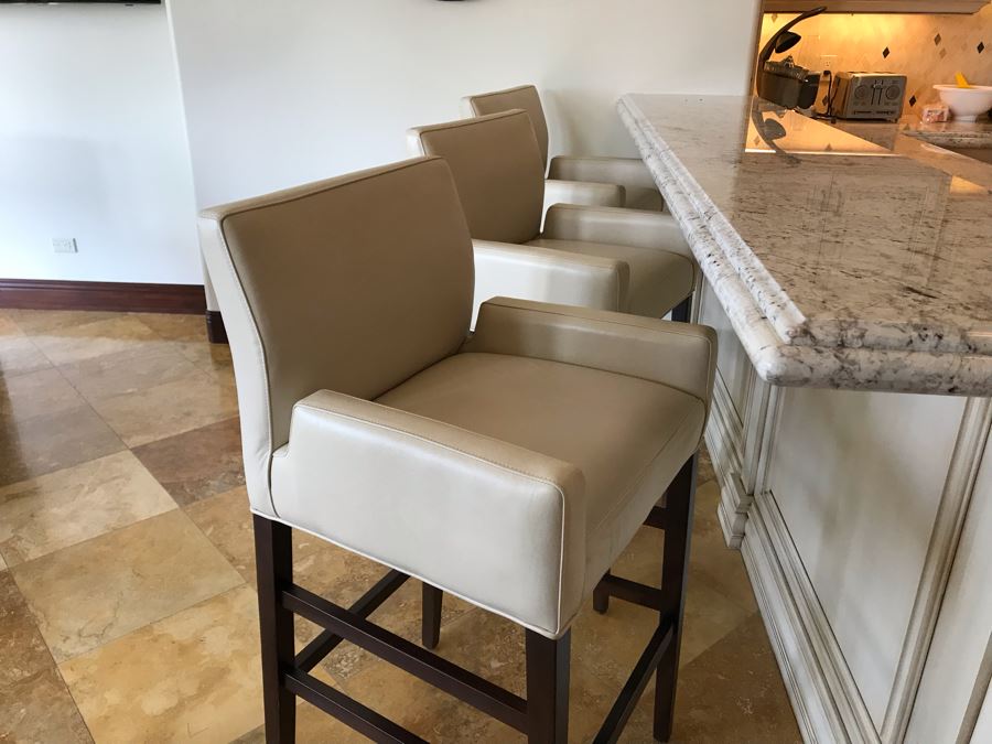Set Of (3) Ivory Leather Barstools Chairs By Superior Seating Hospitality 25W X 21D X 45H Seat Is 31H Retails $2,200 [Photo 6]