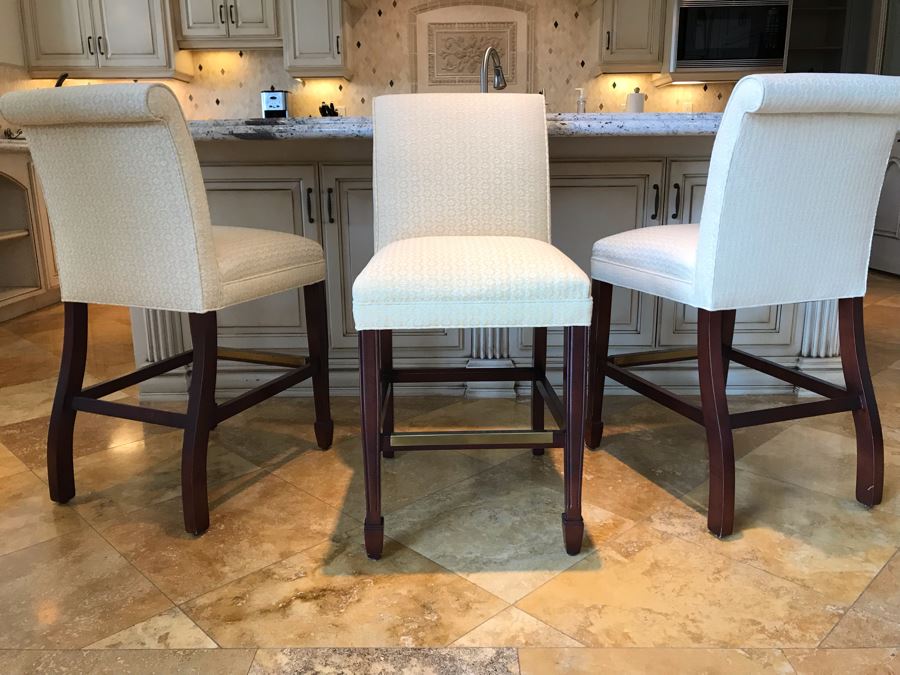 Set Of (3) Upholstered Barstools By Hancock & Moore Fine Furniture 19W X 23D X 39H Seat Is 25H Retails $3,000