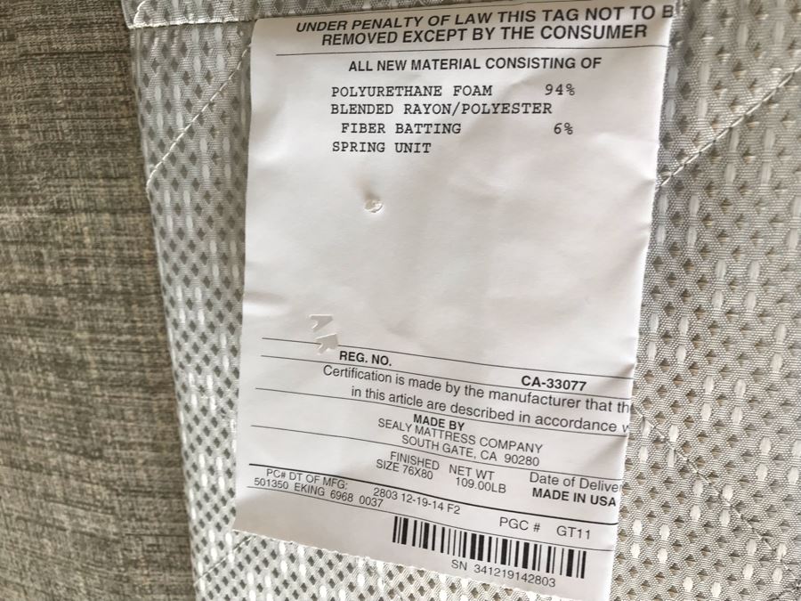 King Size Bed With Upholstered Tufted Headboard With Brass Nailhead Trim, Throw Pillows And Bedding Including Bed Skirt Includes Like New Sealy Mattress And Boxspring (Was Guest Bed For Grown Twin Kids - Rarely Used) [Photo 9]