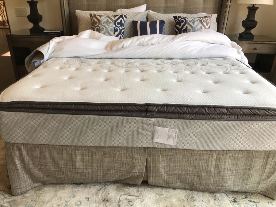 King Size Bed With Upholstered Tufted Headboard With Brass Nailhead Trim, Throw Pillows And Bedding Including Bed Skirt Includes Like New Sealy Mattress And Boxspring (Was Guest Bed For Grown Twin Kids - Rarely Used) [Photo 11]