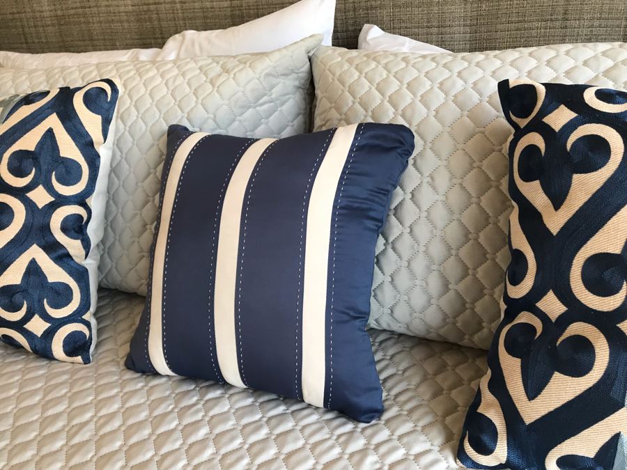 King Size Bed With Upholstered Tufted Headboard With Brass Nailhead Trim, Throw Pillows And Bedding Including Bed Skirt Includes Like New Sealy Mattress And Boxspring (Was Guest Bed For Grown Twin Kids - Rarely Used) [Photo 7]