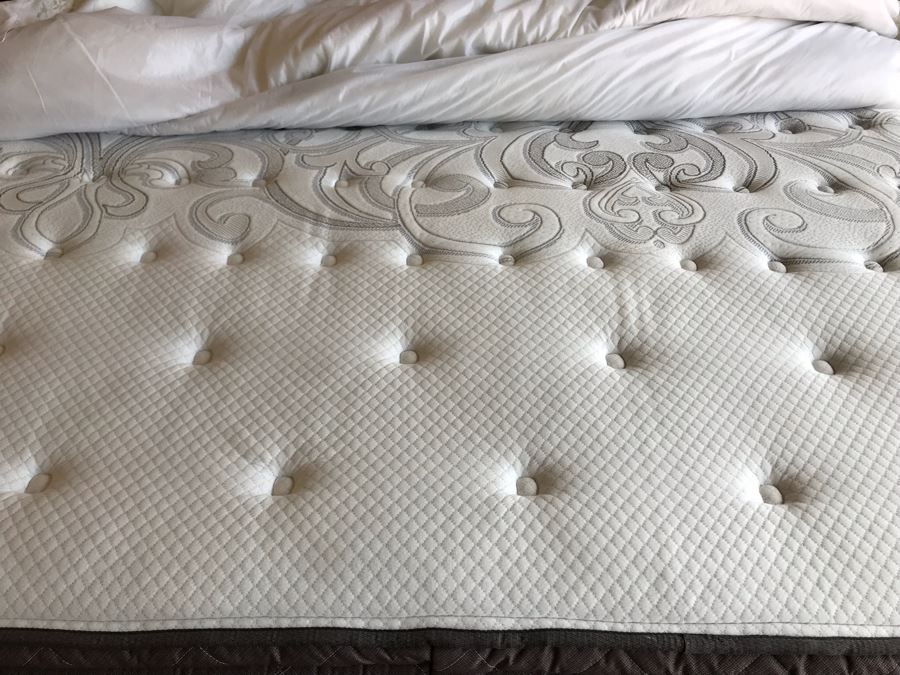 King Size Bed With Upholstered Tufted Headboard With Brass Nailhead Trim, Throw Pillows And Bedding Including Bed Skirt Includes Like New Sealy Mattress And Boxspring (Was Guest Bed For Grown Twin Kids - Rarely Used) [Photo 13]
