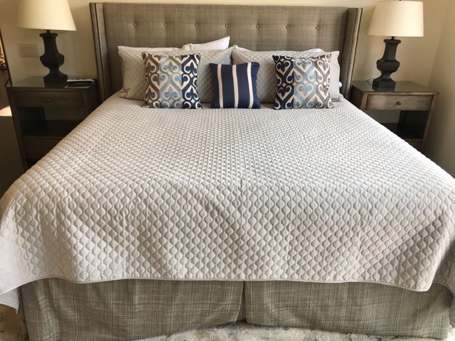 King Size Bed With Upholstered Tufted Headboard With Brass Nailhead Trim, Throw Pillows And Bedding Including Bed Skirt Includes Like New Sealy Mattress And Boxspring (Was Guest Bed For Grown Twin Kids - Rarely Used) [Photo 2]