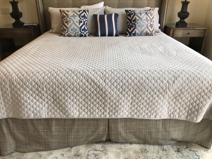 King Size Bed With Upholstered Tufted Headboard With Brass Nailhead Trim, Throw Pillows And Bedding Including Bed Skirt Includes Like New Sealy Mattress And Boxspring (Was Guest Bed For Grown Twin Kids - Rarely Used) [Photo 8]