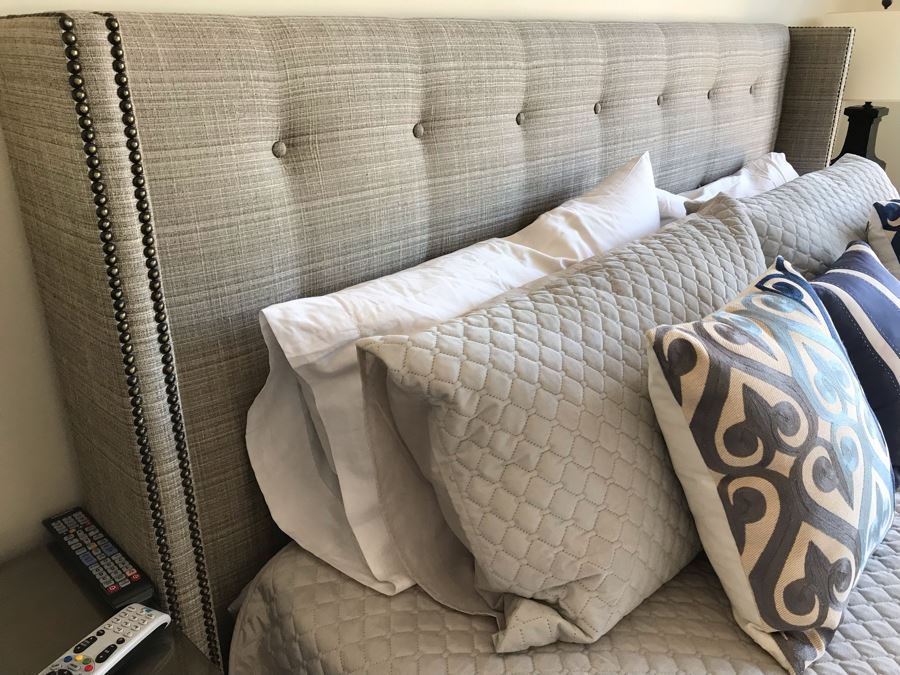 King Size Bed With Upholstered Tufted Headboard With Brass Nailhead Trim, Throw Pillows And Bedding Including Bed Skirt Includes Like New Sealy Mattress And Boxspring (Was Guest Bed For Grown Twin Kids - Rarely Used) [Photo 4]