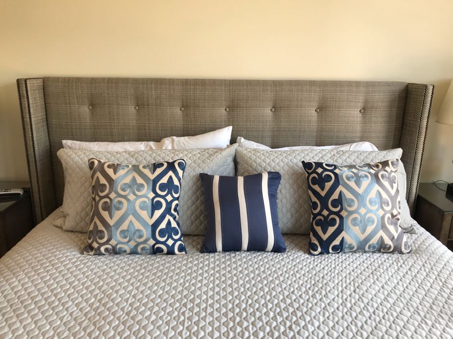 King Size Bed With Upholstered Tufted Headboard With Brass Nailhead Trim, Throw Pillows And Bedding Including Bed Skirt Includes Like New Sealy Mattress And Boxspring (Was Guest Bed For Grown Twin Kids - Rarely Used) [Photo 3]