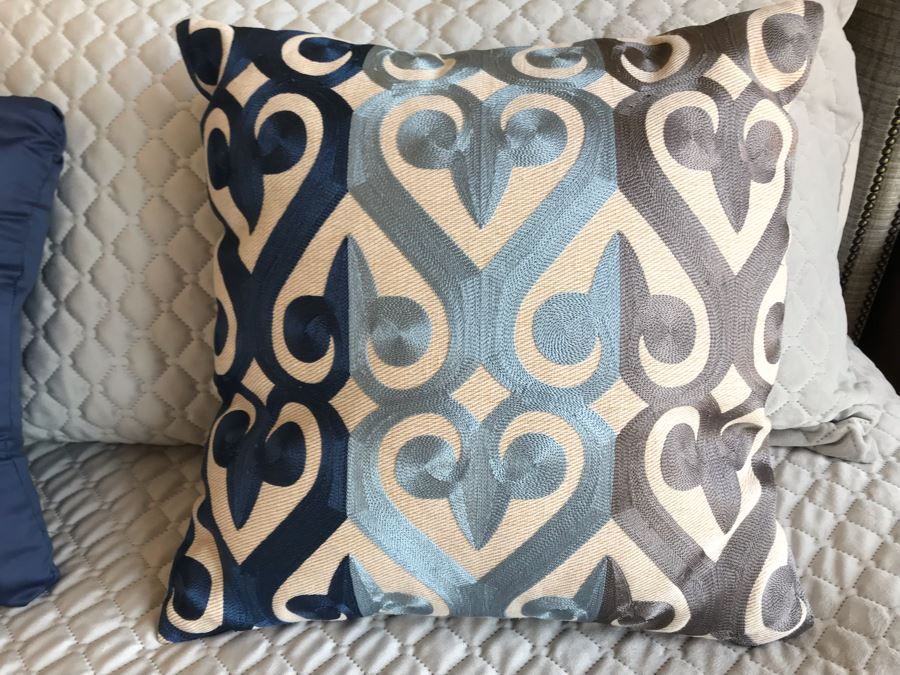 King Size Bed With Upholstered Tufted Headboard With Brass Nailhead Trim, Throw Pillows And Bedding Including Bed Skirt Includes Like New Sealy Mattress And Boxspring (Was Guest Bed For Grown Twin Kids - Rarely Used) [Photo 6]