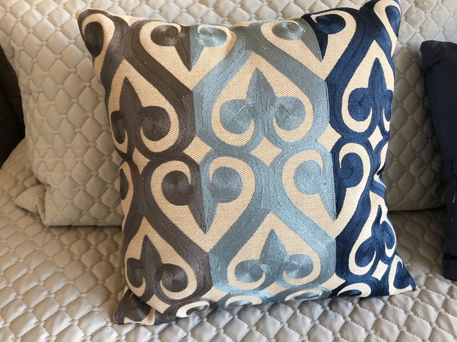 King Size Bed With Upholstered Tufted Headboard With Brass Nailhead Trim, Throw Pillows And Bedding Including Bed Skirt Includes Like New Sealy Mattress And Boxspring (Was Guest Bed For Grown Twin Kids - Rarely Used) [Photo 5]