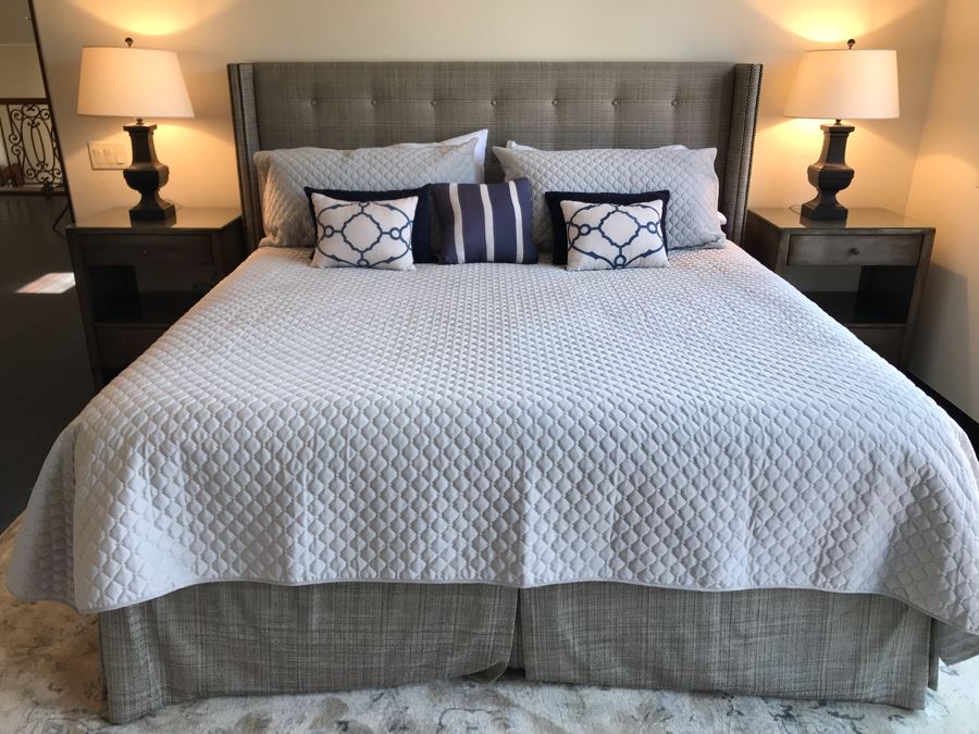 King Size Bed With Upholstered Tufted Headboard With Brass Nailhead Trim, Throw Pillows And Bedding Including Bed Skirt Includes Like New Sealy Mattress And Boxspring (Was Guest Bed For Grown Twin Kids - Rarely Used) [Photo 6]