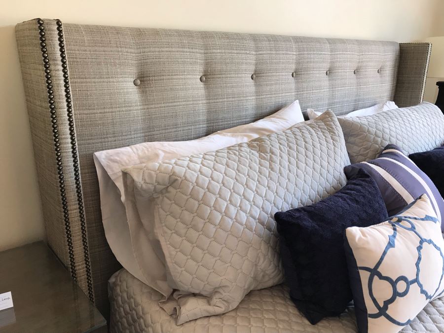 King Size Bed With Upholstered Tufted Headboard With Brass Nailhead Trim, Throw Pillows And Bedding Including Bed Skirt Includes Like New Sealy Mattress And Boxspring (Was Guest Bed For Grown Twin Kids - Rarely Used) [Photo 4]
