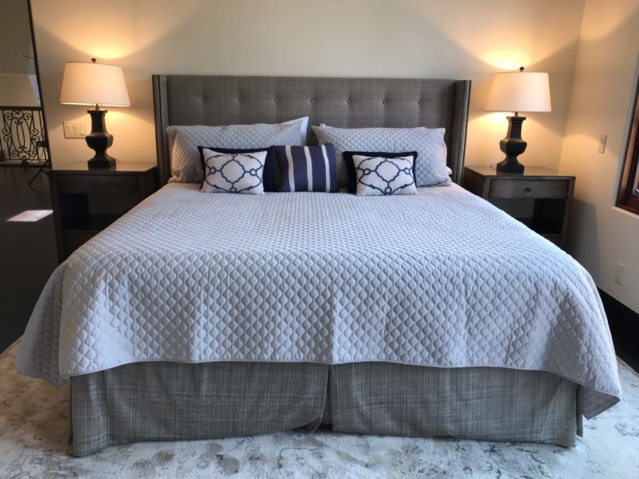 King Size Bed With Upholstered Tufted Headboard With Brass Nailhead Trim, Throw Pillows And Bedding Including Bed Skirt Includes Like New Sealy Mattress And Boxspring (Was Guest Bed For Grown Twin Kids - Rarely Used) [Photo 5]