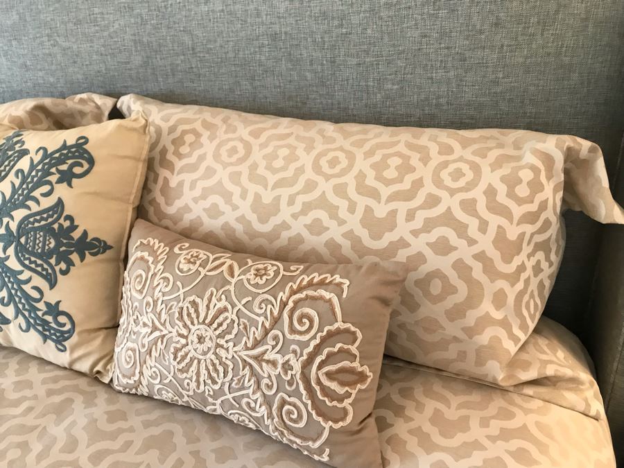 King Size Bed With Custom Upholstered Headboard, Throw Pillows And Bedding Including Bed Skirt Includes Bloomingdale's Shifman Supreme Plush Pillow Top Mattress And Boxspring (Guest Bedroom) Purchased For $3,450 [Photo 12]