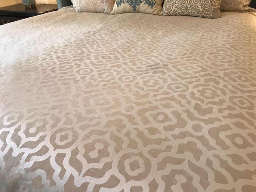 King Size Bed With Custom Upholstered Headboard, Throw Pillows And Bedding Including Bed Skirt Includes Bloomingdale's Shifman Supreme Plush Pillow Top Mattress And Boxspring (Guest Bedroom) Purchased For $3,450 [Photo 7]