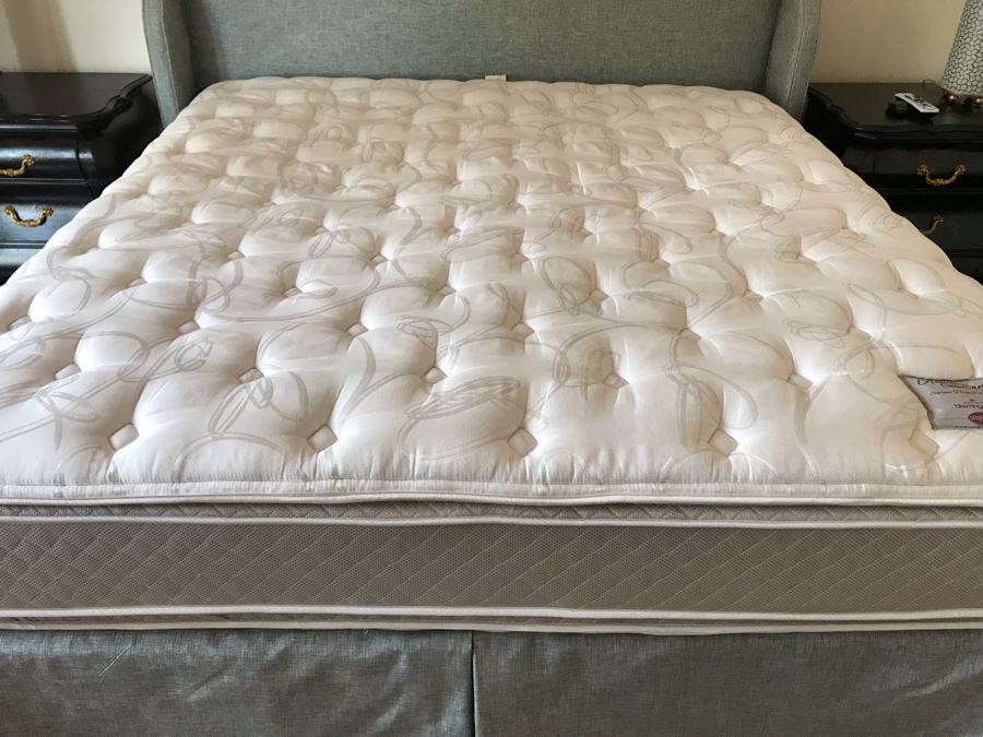 King Size Bed With Custom Upholstered Headboard, Throw Pillows And Bedding Including Bed Skirt Includes Bloomingdale's Shifman Supreme Plush Pillow Top Mattress And Boxspring (Guest Bedroom) Purchased For $3,450 [Photo 14]
