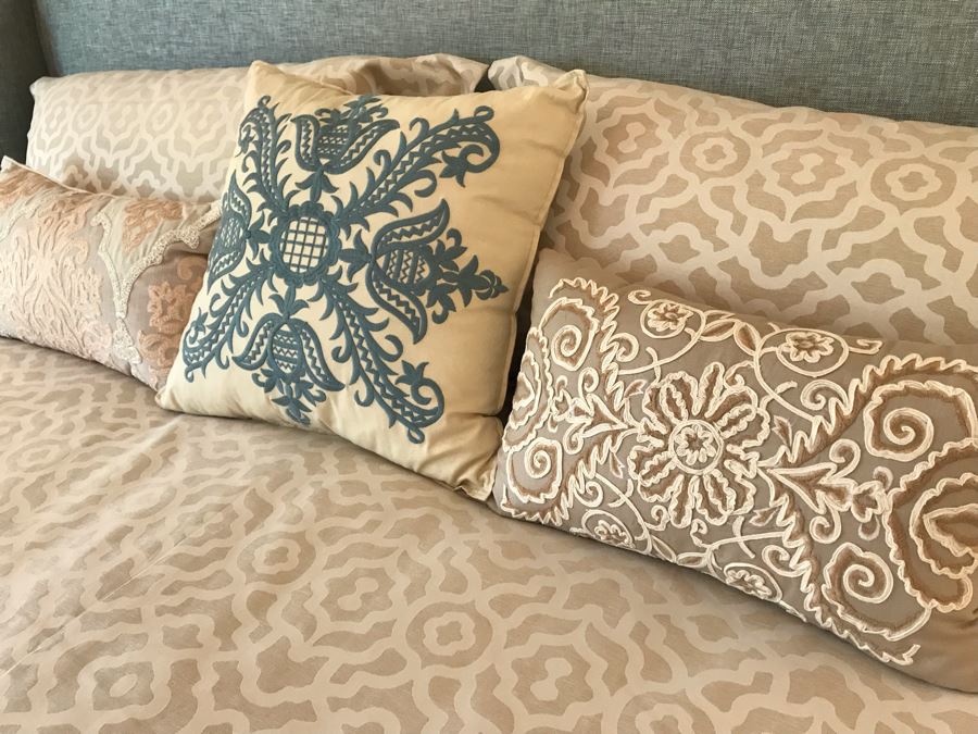 King Size Bed With Custom Upholstered Headboard, Throw Pillows And Bedding Including Bed Skirt Includes Bloomingdale's Shifman Supreme Plush Pillow Top Mattress And Boxspring (Guest Bedroom) Purchased For $3,450 [Photo 8]