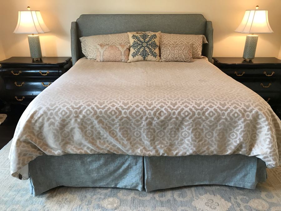 King Size Bed With Custom Upholstered Headboard, Throw Pillows And Bedding Including Bed Skirt Includes Bloomingdale's Shifman Supreme Plush Pillow Top Mattress And Boxspring (Guest Bedroom) Purchased For $3,450
